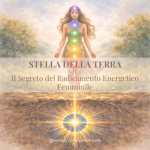Donna in connessione profonda con la natura, rappresentazione del radicamento energetico femminile attraverso il grembo. La figura simboleggia la stabilità e l'energia che collega la cervice alla Stella della Terra per il benessere femminile.