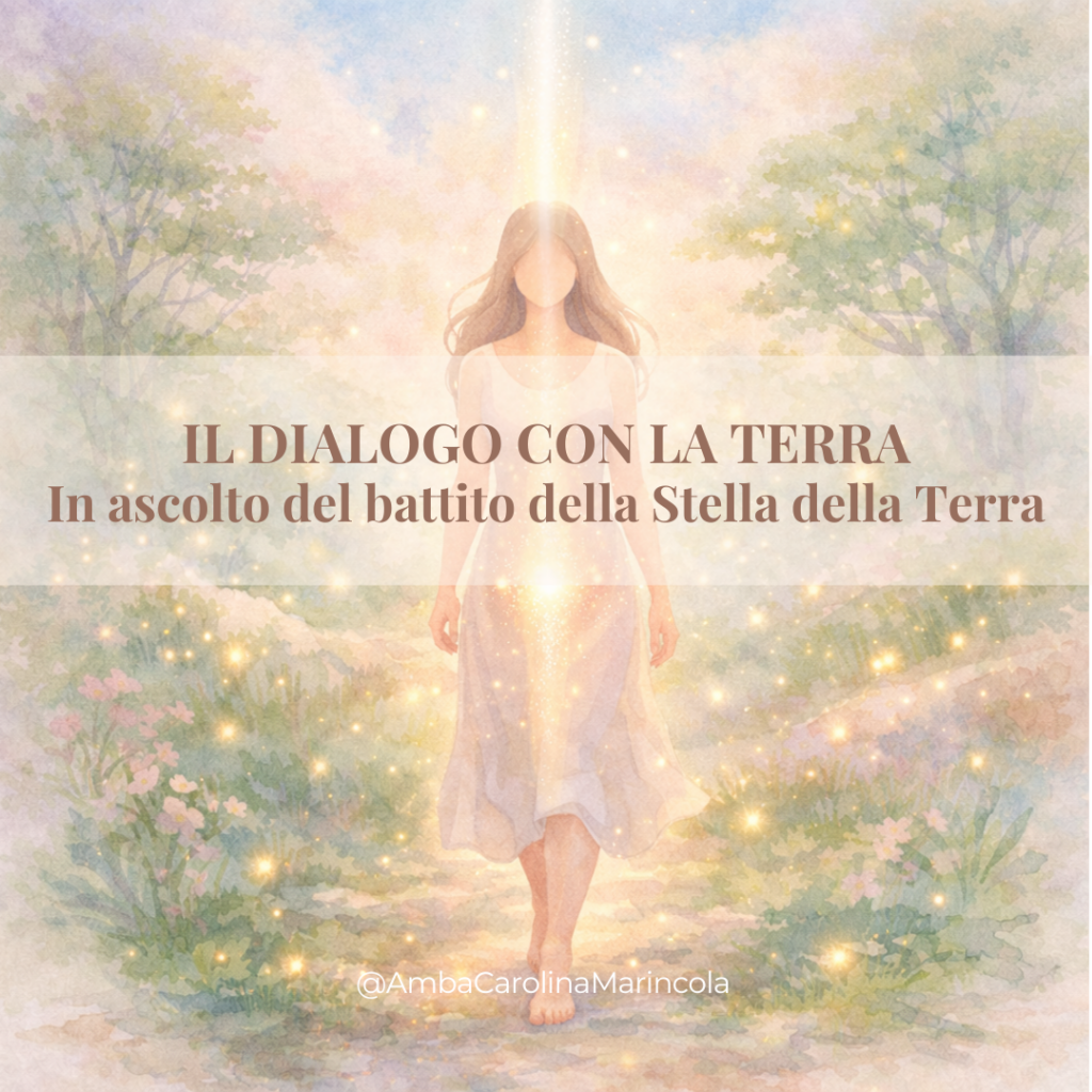 Donna che cammina a piedi nudi nella natura, connessione con la Stella della Terra e la Madre Divina, ispirazione Yogananda.